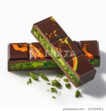 Unique Dubai chocolate bar with vibrant green and orange designs showcasing an innovative treat made with matcha flavor 125594451