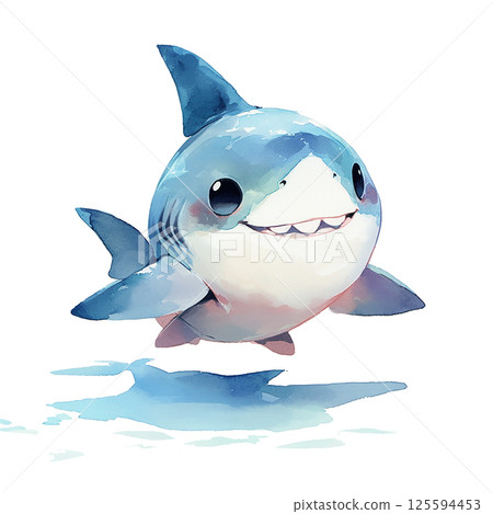 Happy cartoon shark swimming joyfully in a colorful underwater scene with small fish 125594453
