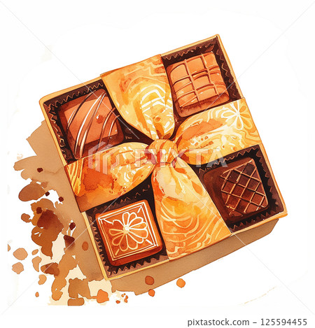 Elegant assortment of handcrafted chocolates in a decorative box displayed on a plain background 125594455