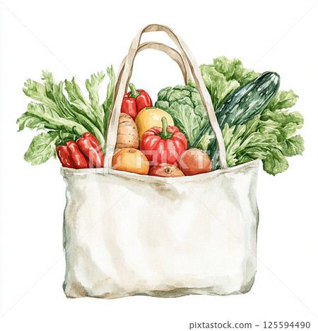 Fresh vegetables and fruits in a tote bag ready for a healthy meal at home 125594490