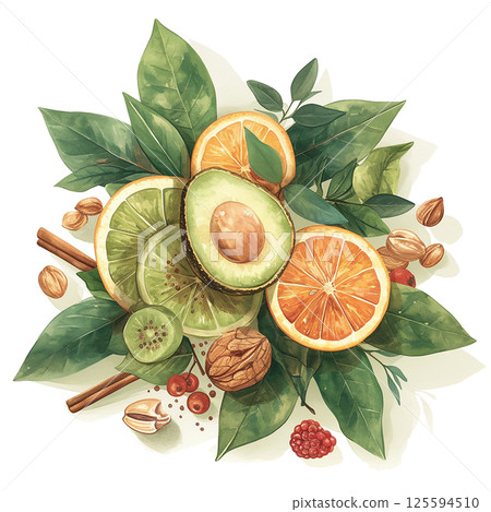 Fresh fruit arrangement with avocado, citrus, and berries on a white background showcasing vibrant colors and textures 125594510