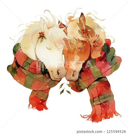 Horses embrace warmly in festive scarves during the winter holiday season 125594526