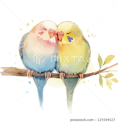 Two colorful birds perched closely together on a branch surrounded by subtle autumn foliage 125594527