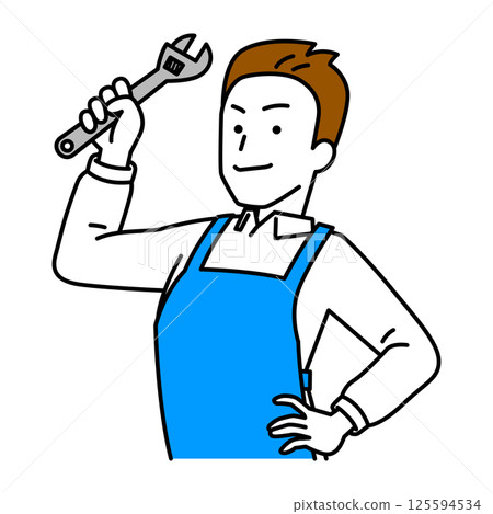 一名穿著圍裙、手裡拿著活動扳手的男子 125594534
