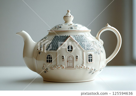 Ceramic teapot in shape of a house in a classic style on a white background. Ceramic teapot in shape of a house in a classic style on a white background. 125594636