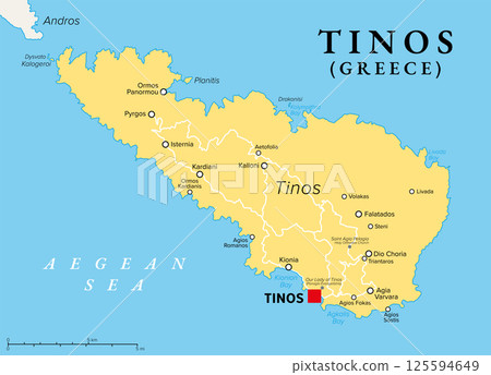 Tinos, Greek island in the Aegean Sea, political map. Part of the Cyclades archipelago, south of Andros. A major pilgrimage site for Greek Orthodox Christians. The capital and largest town is Tinos. 125594649