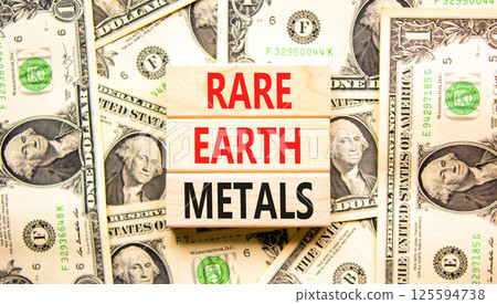 Rare earth metals symbol. Concept words Rare earth metals on beautiful wooden blocks. Dollar bills. Beautiful background from dollar bills. Business and rare earth metals concept. Copy space. 125594738