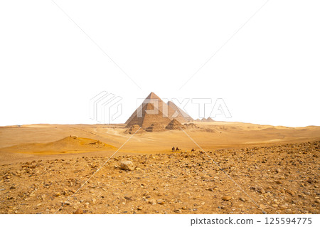 Egypt. Cairo - Giza. General view of pyramids from the Giza Plateau isolated on a white background. (three pyramids known as Queens' Pyramids on front side; next in order from left: the Pyramid of Egypt. Cairo - Giza. General view of pyramids from the Giza Plateau isolated on a white background. (three pyramids known as Queens' Pyramids on front side; next in order from left: the Pyramid of 125594775