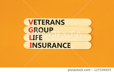 VGLI Veterans Group Life Insurance symbol. Concept word VGLI Veterans Group Life Insurance on sticks. Beautiful orange background. Business VGLI Veterans Group Life Insurance concept. Copy space. 125594835