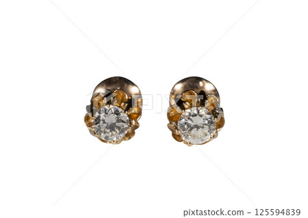 Diamond Earrings Isolated on White Background. Yellow Gold Diamond Earring Pair with 750 Stamp Denoting 18-Carat Yellow Gold. Diamond Earrings Isolated on White Background. Yellow Gold Diamond Earring Pair with 750 Stamp Denoting 18-Carat Yellow Gold. 125594839