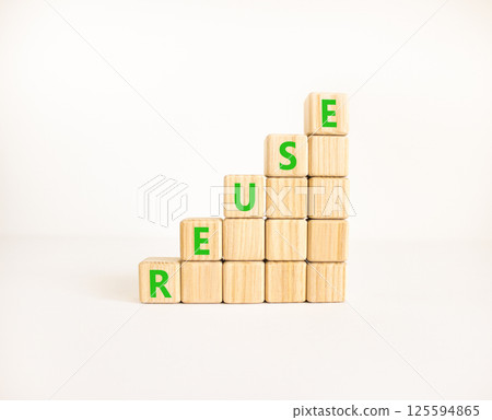 Reuse symbol. Concept word Reuse on beautiful wooden blocks. Beautiful white table white background. Business lifestyle ecological reuse concept. Copy space. 125594865