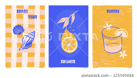 Amalfi summer cards set with Mediterranean lemon motifs in yellow and blue. Design elements fruit with leaves, geometric patterns with and pencil textured flat citrus drawings. Cute naive vector Amalfi summer cards set with Mediterranean lemon motifs in yellow and blue. Design elements fruit with leaves, geometric patterns with and pencil textured flat citrus drawings. Cute naive vector 125595088