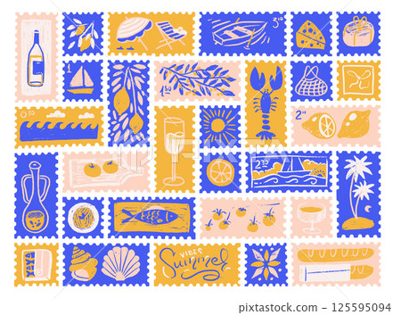 Big set of Summer postal stamps with sailor boat, Italian food, sardines and lemon. Pencil hand drawn textured vector illustration. Vintage simple naive elements in blue and yellow colors 125595094