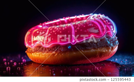 A neon donut with pink frosting glows on a dark surface, catching the light A neon donut with pink frosting glows on a dark surface, catching the light 125595443