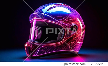 A colorful helmet showcases neon designs, highlighting its unique features under bright lights 125595446