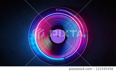 A bright neon music record glows with colors, enhancing the creative vibe of a music studio 125595456