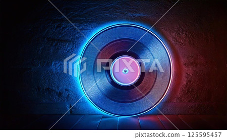 Colorful neon lights illuminate a music record against a dark wall, creating a vibrant atmosphere 125595457