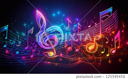 Colorful neon notes dance energetically, visually representing the essence of music 125595458