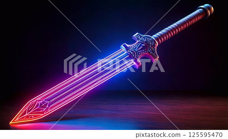 A neon sword emits striking colors in a dim environment, showcasing its detailed design and glow 125595470
