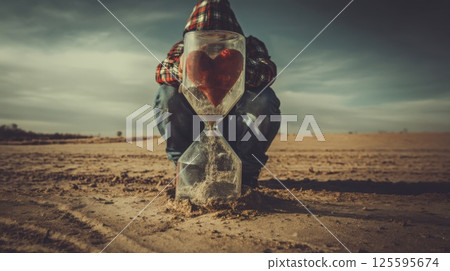 Person with a hourglass with heart, sand leaking out 125595674