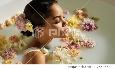 Amidst a sea of delicate flowers, a woman enjoys a relaxing soak in a luxurious bath. Soft petals float on the water, creating a peaceful atmosphere perfect for self-care 125595678