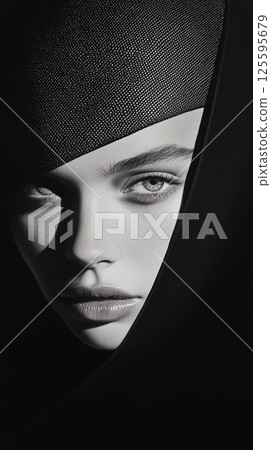 Woman with a black hat on her head. She has a black scarf around her neck. The scarf is covering her face Woman with a black hat on her head. She has a black scarf around her neck. The scarf is covering her face 125595679