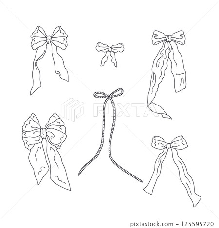 Cute hand drawn fancy linear black and white bow knots bundle isolated on white background. Pretty vintage monochrome line art coquettes set 125595720