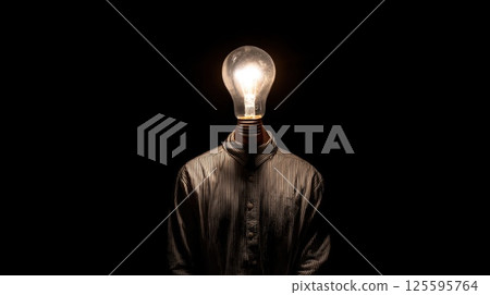 Person with a lightbulb for a head, glowing brightly in darkness 125595764