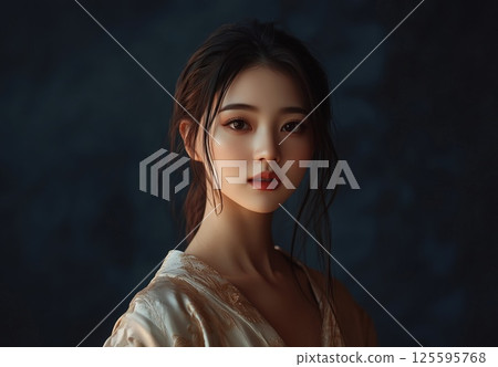 Photo portrait of a beautiful looking Asian girl with brown hair gathered in a ponytail and red lipstick on her lips Photo portrait of a beautiful looking Asian girl with brown hair gathered in a ponytail and red lipstick on her lips 125595768