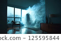 A shadowy silhouette of a person enveloped in fog stands in a softly lit room. The large windows reveal an overcast city skyline, creating an eerie atmosphere 125595844
