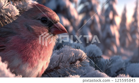Northern cardinal close-up against the background of a winter snow-covered forest Northern cardinal close-up against the background of a winter snow-covered forest 125595845
