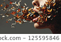 Open female mouth with a swarm of butterflies flying out of it, gray background 125595846