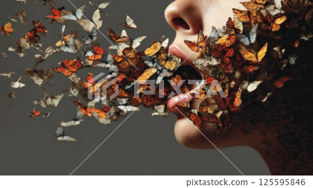Open female mouth with a swarm of butterflies flying out of it, gray background 125595846