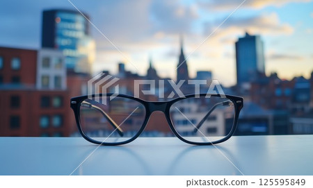 Pair of glasses is on a table in front of a city skyline. The glasses are black and have a reflective surface. The cityscape in the background is a mix of tall buildings and clouds Pair of glasses is on a table in front of a city skyline. The glasses are black and have a reflective surface. The cityscape in the background is a mix of tall buildings and clouds 125595849