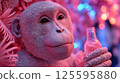 Pink chimpanzee smiling with bottle in hand, on a pink cozy background 125595880