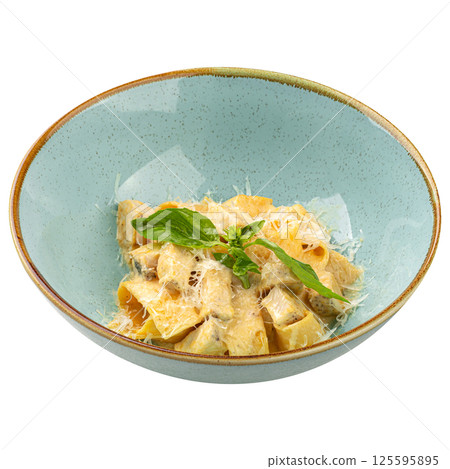 Portion of pappardelle pasta with chicken Portion of pappardelle pasta with chicken 125595895