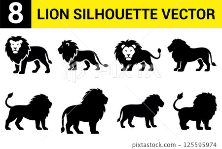 Set of Eight Lion Silhouettes Vector Graphic. 125595974