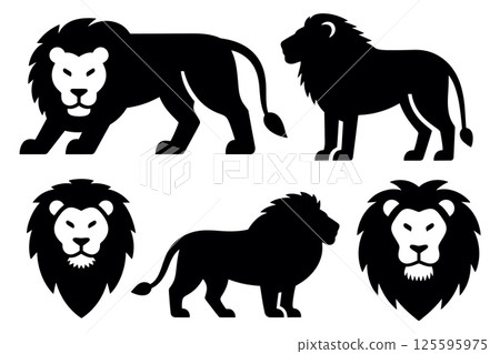 Set of Black and White Lion Silhouettes Vector Illustration on white Background. 125595975