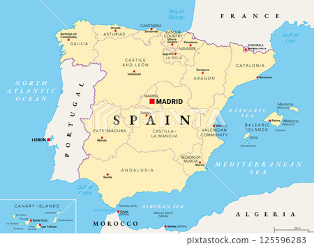 Spain, autonomous communities, political map. First-level administrative divisions with limited autonomy to the 17 autonomous communities and the two cities Ceuta and Melilla. Illustration. Vector Spain, autonomous communities, political map. First-level administrative divisions with limited autonomy to the 17 autonomous communities and the two cities Ceuta and Melilla. Illustration. Vector 125596283