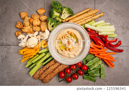 Various hummus dips, healthy and vegan snack 125596341