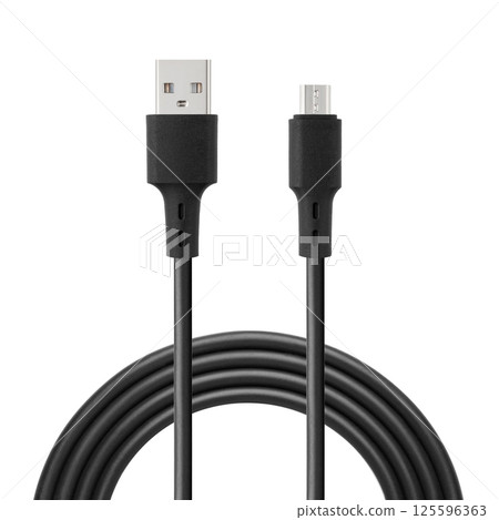 Black cable for charging and synchronization with USB and Micro USB connectors on a white isolated background 125596363