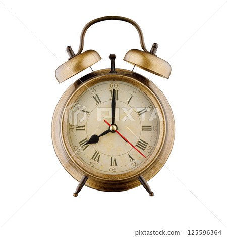 alarm clock, vintage clock with time 8 hours 00 minutes, a.m. 8:00, p.m. 8:00, on isolated white background alarm clock, vintage clock with time 8 hours 00 minutes, a.m. 8:00, p.m. 8:00, on isolated white background 125596364