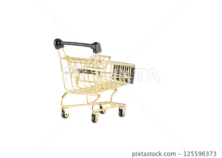 shopping trolley side view gold, yellow and black color cart on isolated white background 125596373