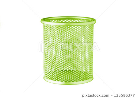 metallic Glass of green color for stationery, pencils, pens, scissors, ruler, on an isolated white background 125596377