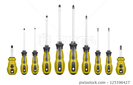 Set of Philips and flathead screwdrivers Yellow color on isolated white background Set of Philips and flathead screwdrivers Yellow color on isolated white background 125596427
