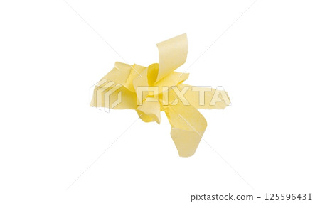 Yellow painter's tape isolated on white background, macro. Torn, crumpled, twisted strips of yellow painter's tape on white background Yellow painter's tape isolated on white background, macro. Torn, crumpled, twisted strips of yellow painter's tape on white background 125596431