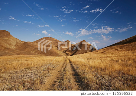 landscape: track road in the mountains among dry grass in drought and blue sky 125596522