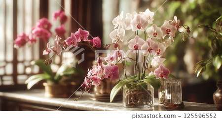Lush Blooming Pink Orchid in a Glass Pot Lush Blooming Pink Orchid in a Glass Pot 125596552