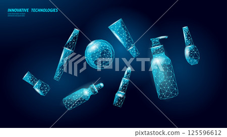 Cosmetics products digital low poly style. Includes lipstick, mascara, cream, bottle, and nail polish. Suitable for beauty, skincare, or wellness brands advertising. Geometric mesh, dark blue Cosmetics products digital low poly style. Includes lipstick, mascara, cream, bottle, and nail polish. Suitable for beauty, skincare, or wellness brands advertising. Geometric mesh, dark blue 125596612