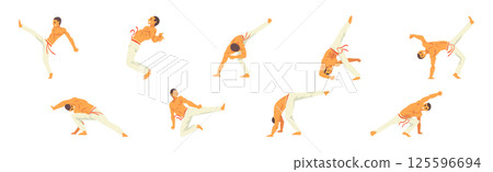 Male Karate Fighter Practicing Martial Art Vector Set 125596694